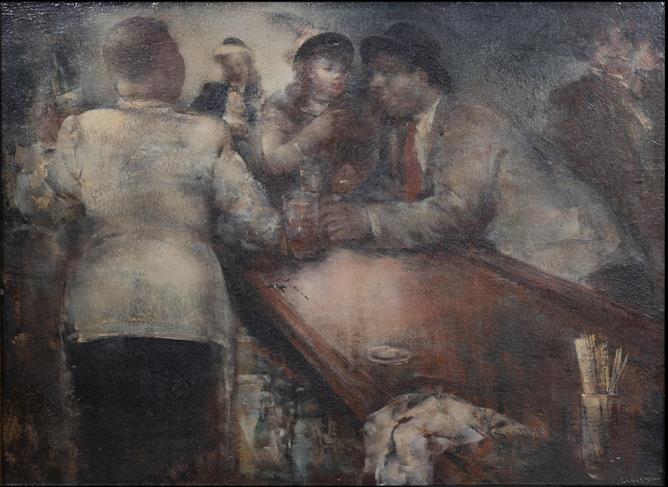 Grigory Gluckmann, "L'ora del cocktail", anni '40, olio su tavola, cm 53 × 65. The Morus Art Foundation.
